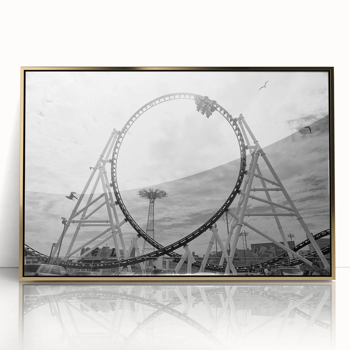 Framed acrylic print of Coney Island with muted gold and blue tones, in mid-century modernist style.