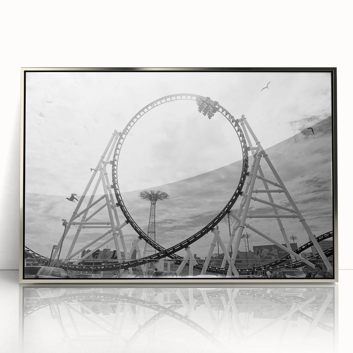 Mid-century modernist art depicting Coney Island, featuring muted pastel colors on a framed acrylic.