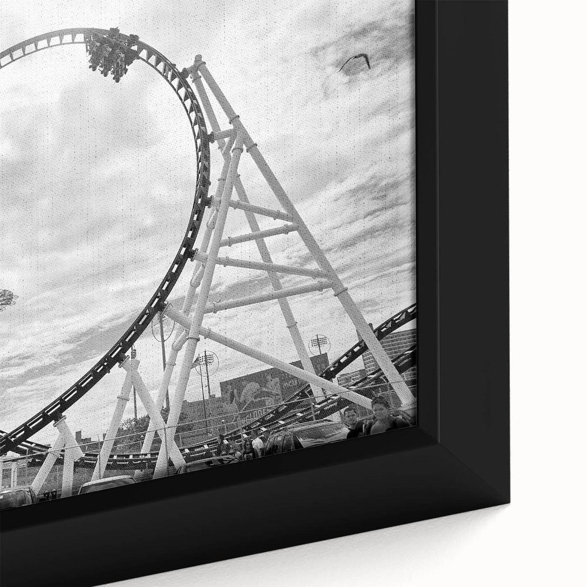 Extra large framed canvas of Coney Island in black with colorful, textured art details, suitable for living room decor.