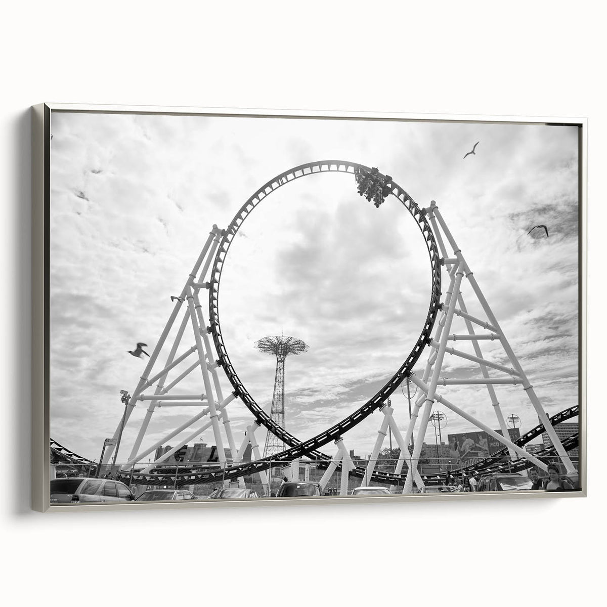 Framed canvas of Coney Island landscape, featuring vintage poster art style with a palette of black and colorful art.