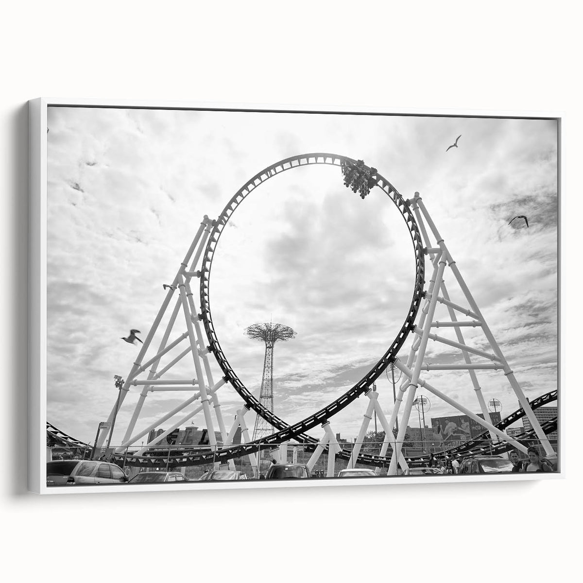 Vintage poster art of Coney Island with vibrant colors on a framed canvas, suitable for extra large living room wall.