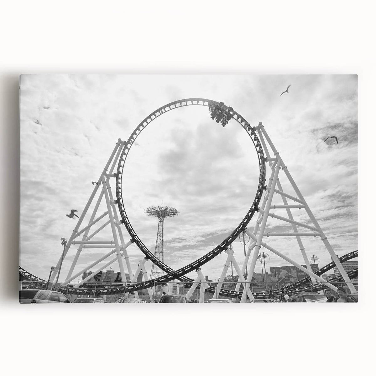 Black and white stretched canvas featuring Coney Island scenery, ideal for kitchen wall art.