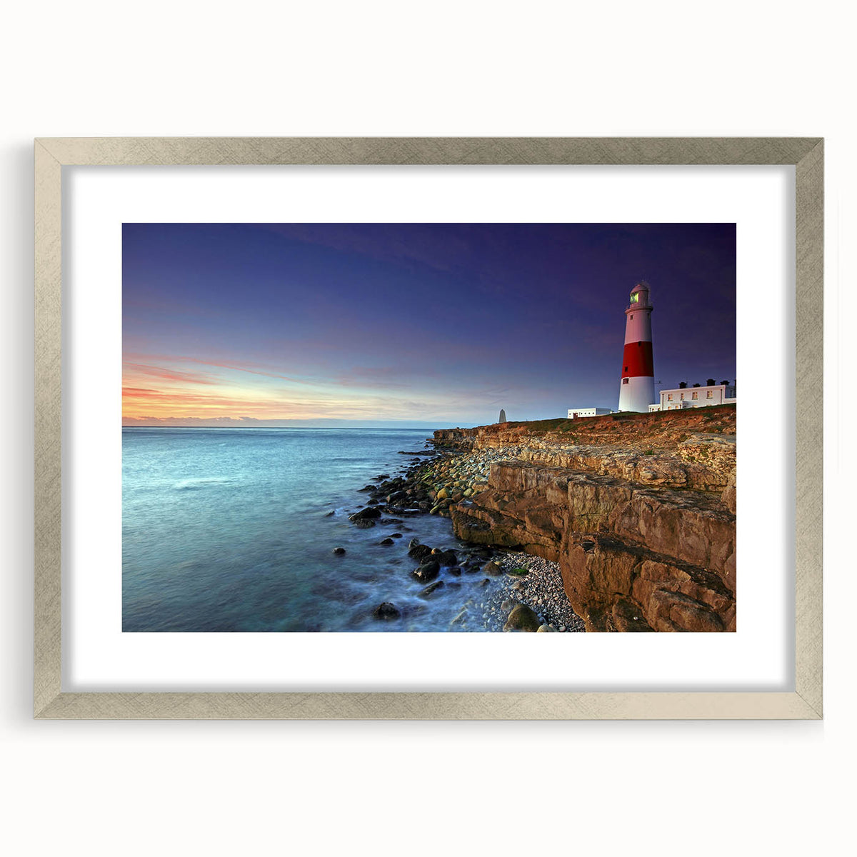 Textured abstract art print of Portland scenery in muted earth tones, framed in silver, ideal for bedroom art.
