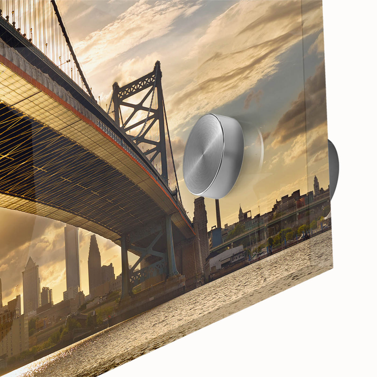 Large abstract wall art of Philadelphia skyline in muted gray and blue on acrylic glass, ideal for dining room decor.