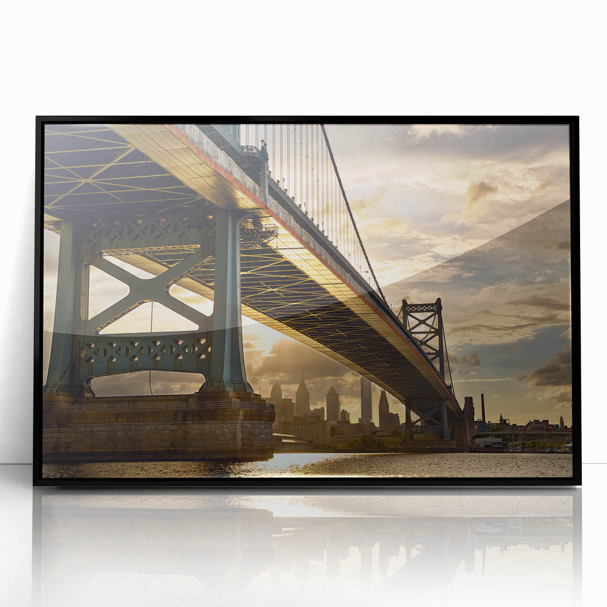 Large abstract wall art depicting Philadelphia skyline in muted gray and blue tones on a framed acrylic print.