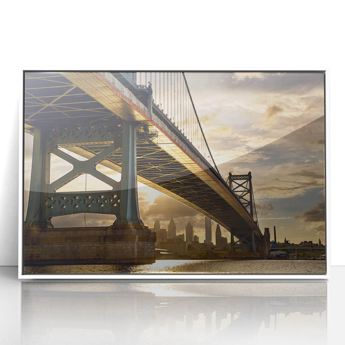 Art deco poster of Philadelphia skyline in muted gray tones on framed acrylic, ideal for modern art wall decor.