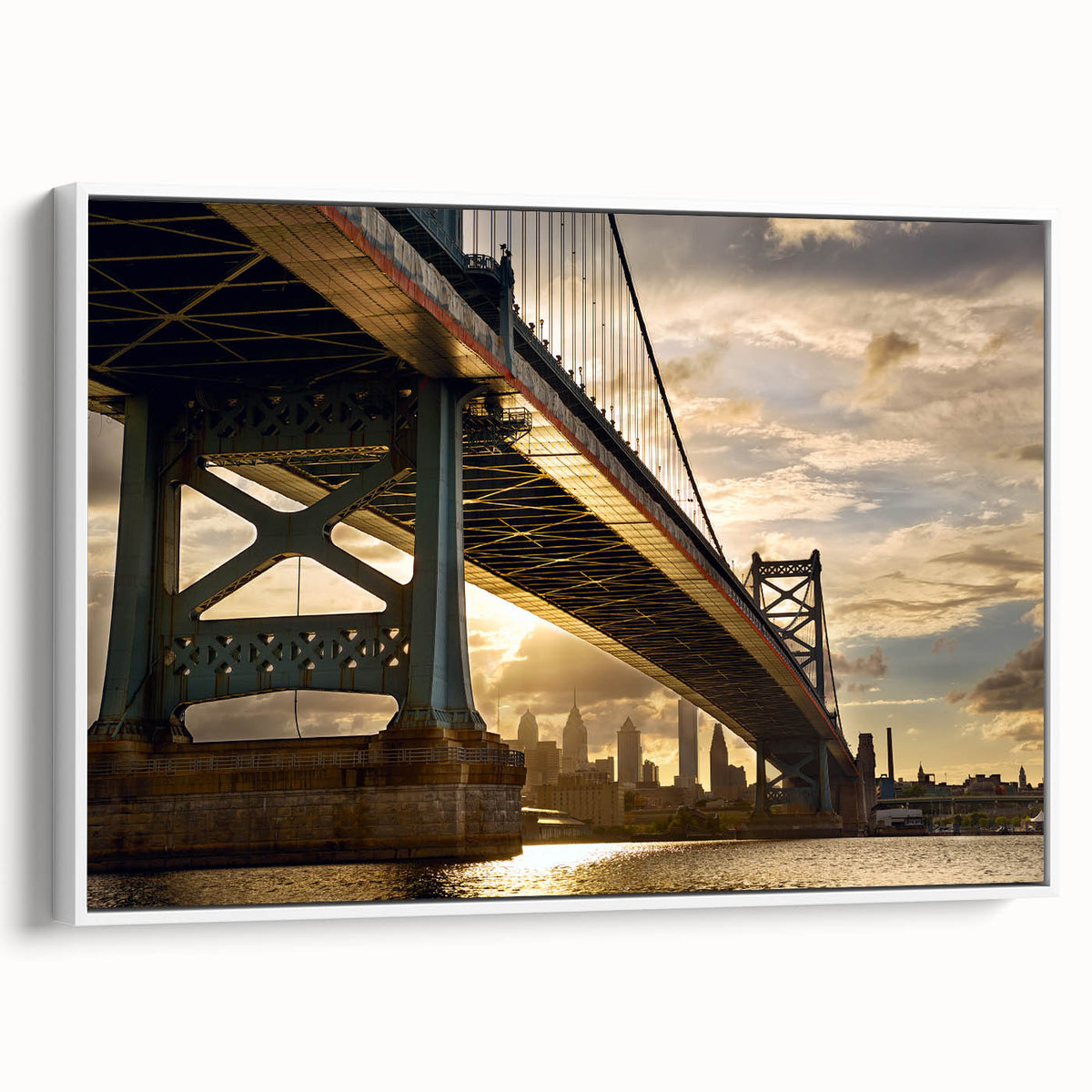 Vintage poster art of Philadelphia skyline in colorful hues on a large framed canvas, ideal for living room decor.