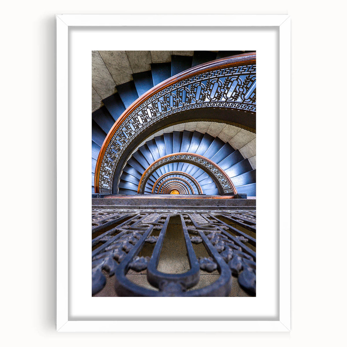 Abstract art print of Pittsburgh skyline in muted gray and blue tones on a framed white mat.
