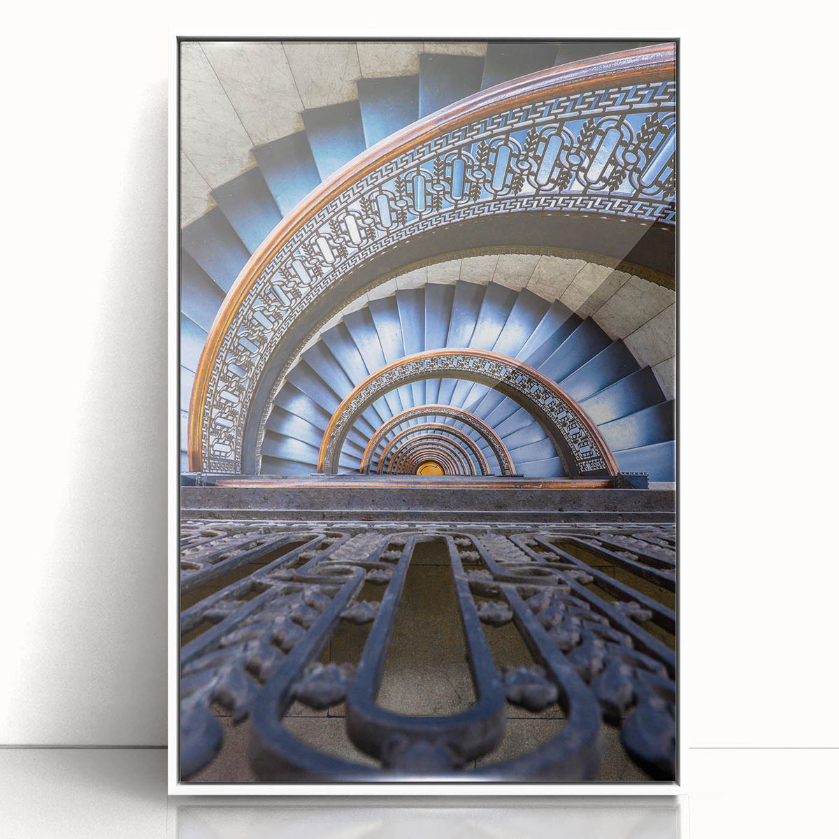 Acrylic print of Pittsburgh skyline in muted gray and blue tones, framed in white, suitable for modern art wall decor.