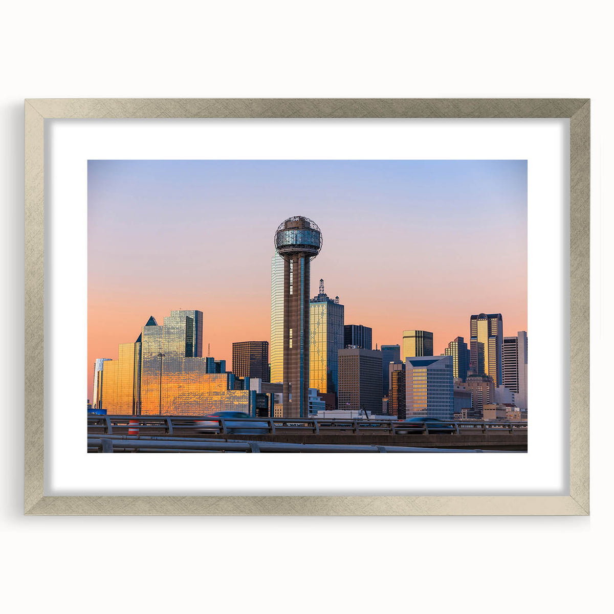 Textured abstract art print of Dallas skyline in muted gray and blue tones on a silver-framed mat, ideal for bedroom art.