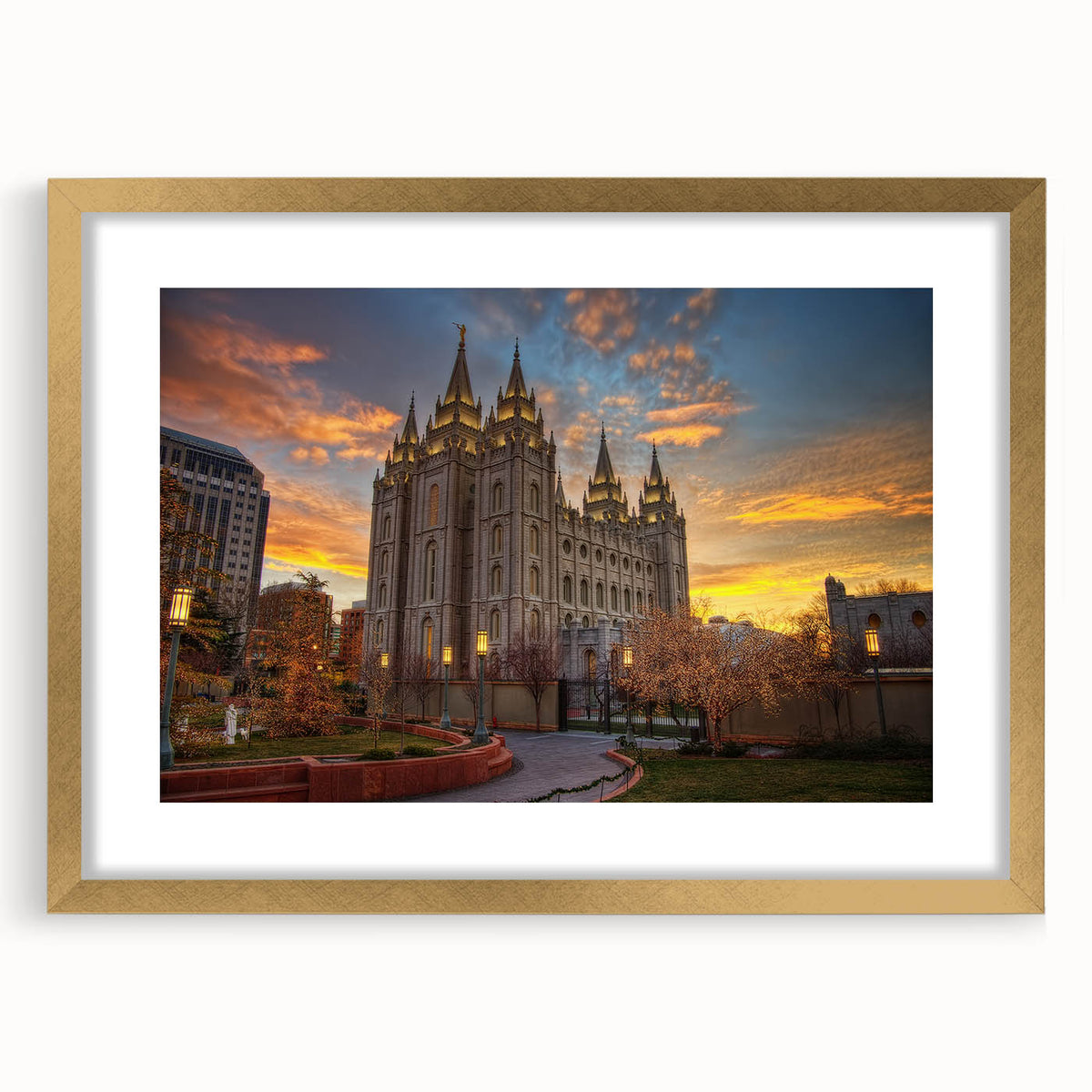 Extra large abstract art print of Salt Lake City, featuring textured gold and blue tones on a framed canvas.