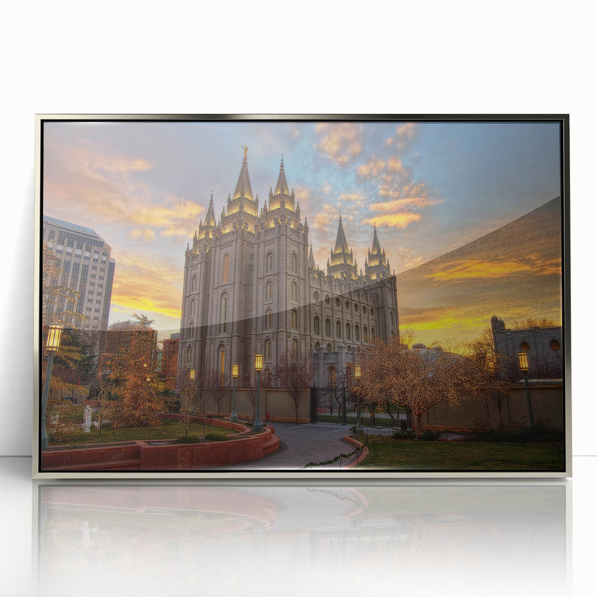Mid-century modernist art of Salt Lake City in silver-framed acrylic, featuring muted earth tones.