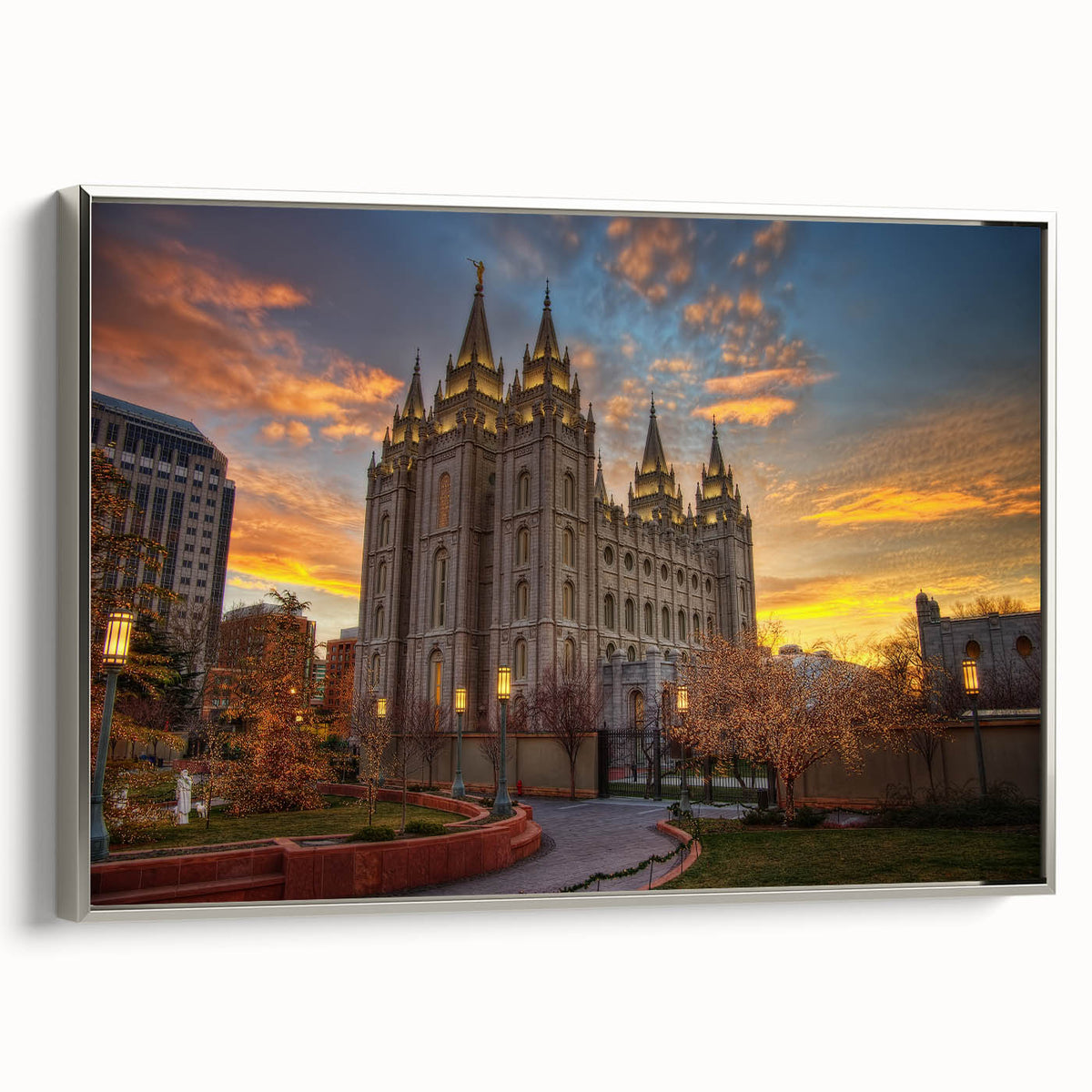 Framed canvas of Salt Lake City landscape with vibrant autumn colors, ideal for living room decor.