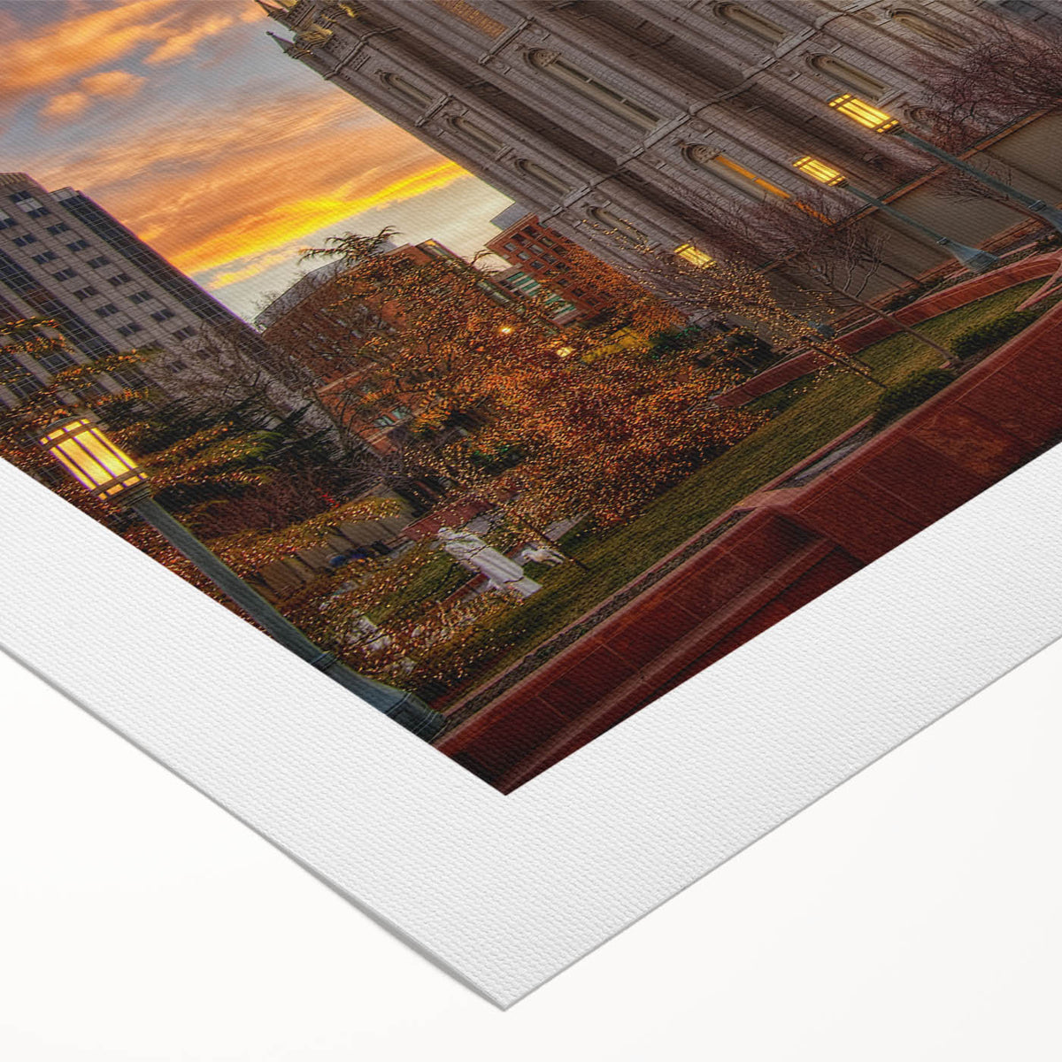 Art deco poster of Salt Lake City skyline in muted blue and gray tones on a rolled canvas, suitable for dining room wall art.