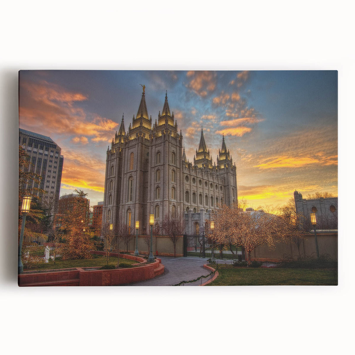 Black and white photograph of Salt Lake City on stretched canvas, ideal for kitchen wall art.