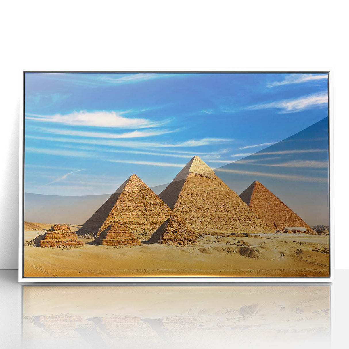 Mid-century modernist acrylic print of an Egyptian landscape in muted earth tones, ideal for nursery wall decor.