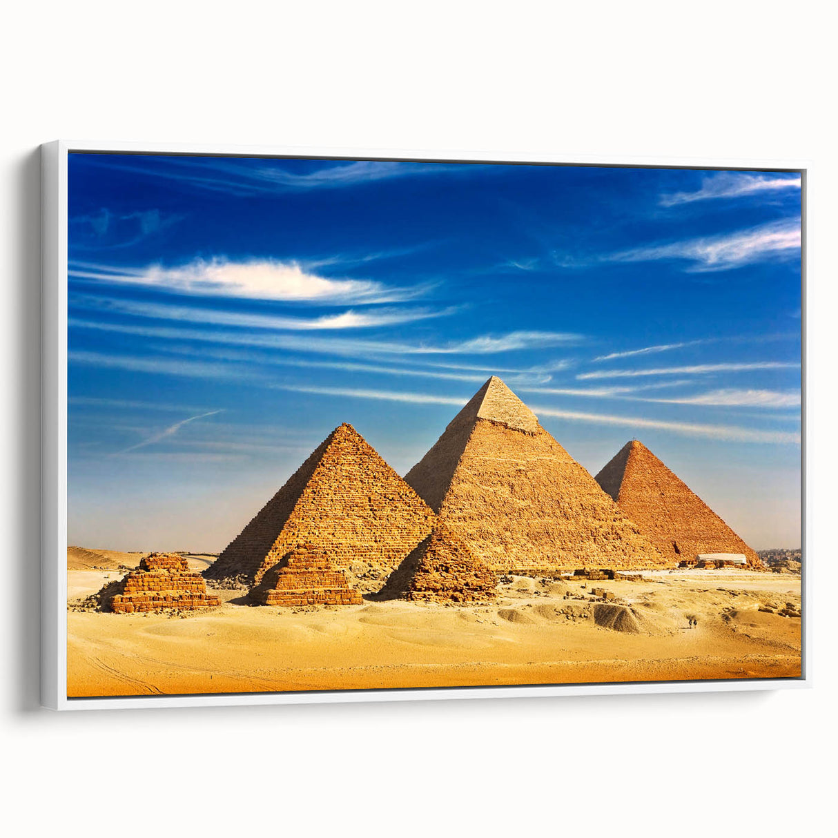 Framed canvas depicting vintage-style Egyptian landscape in black and white, ideal for bedroom wall art.