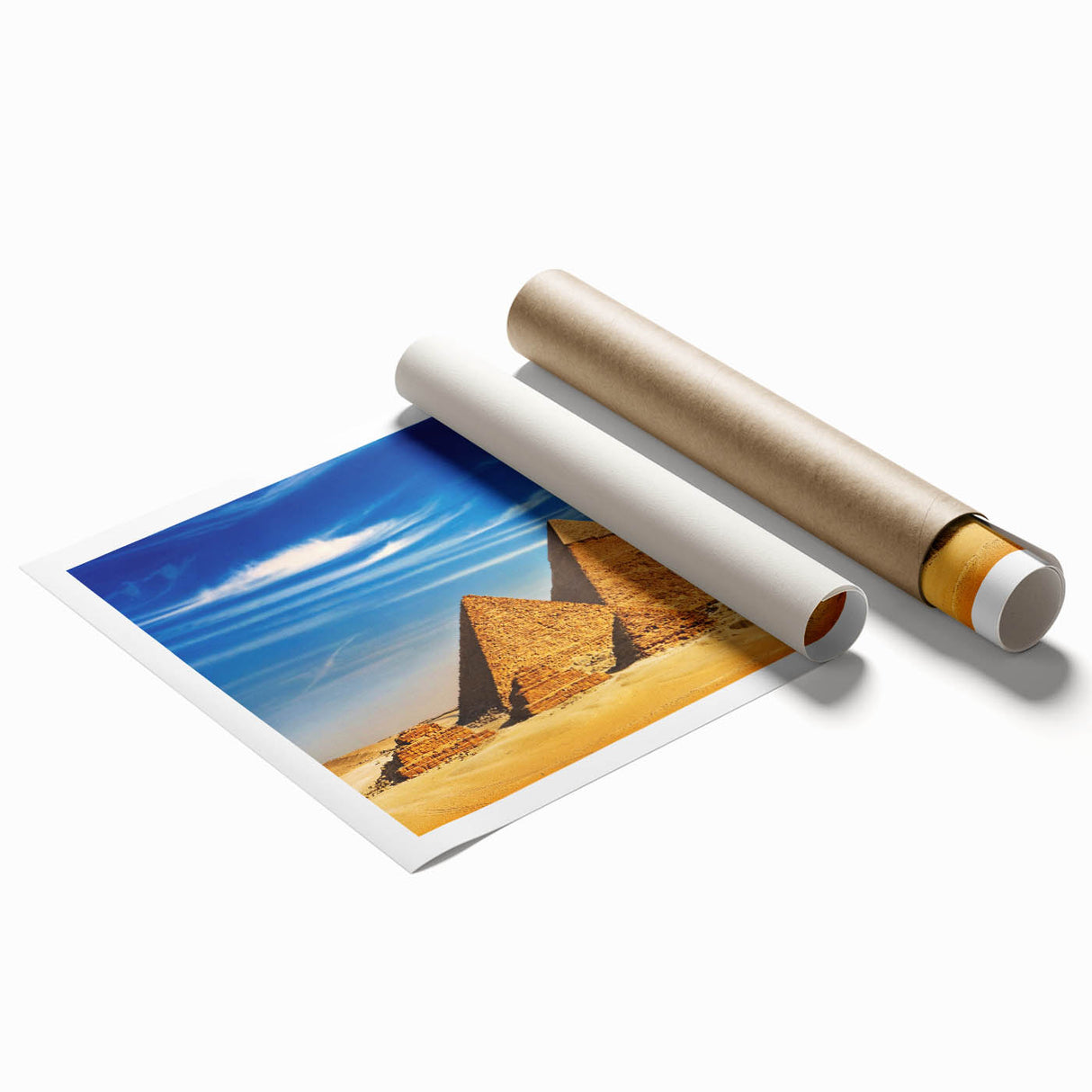 Extra large wall art featuring a serene Egyptian landscape in soft pastel tones on a rolled canvas.