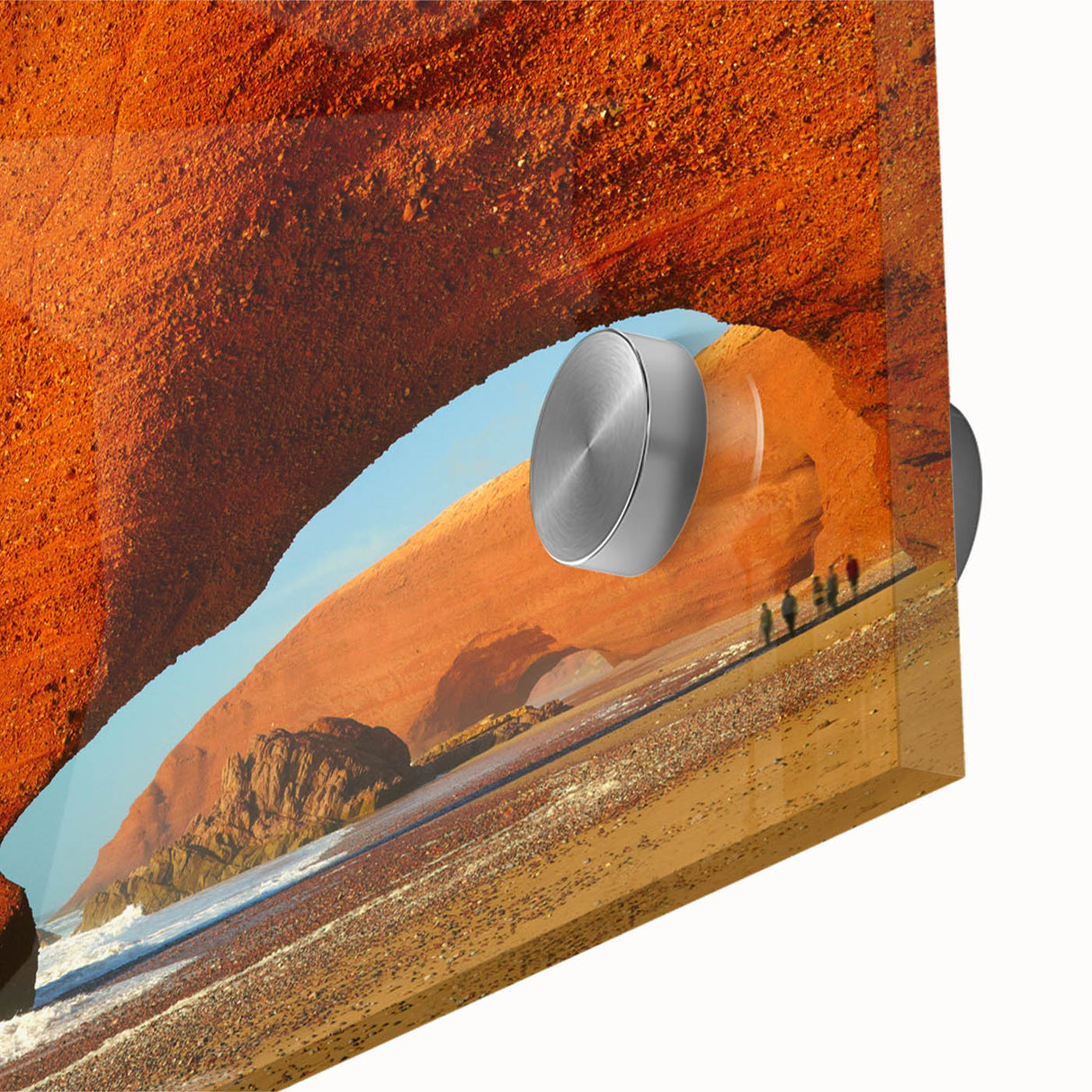 Large abstract wall art depicting a Moroccan landscape in muted earth tones on acrylic glass, suitable for dining room decor.