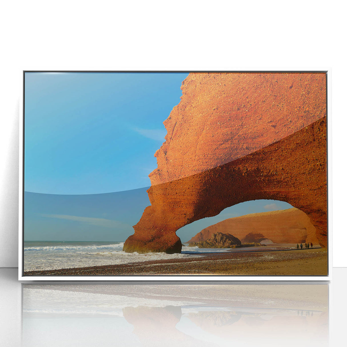 Large art print of a Moroccan landscape in muted earth tones on white framed acrylic, ideal for modern art wall decor.