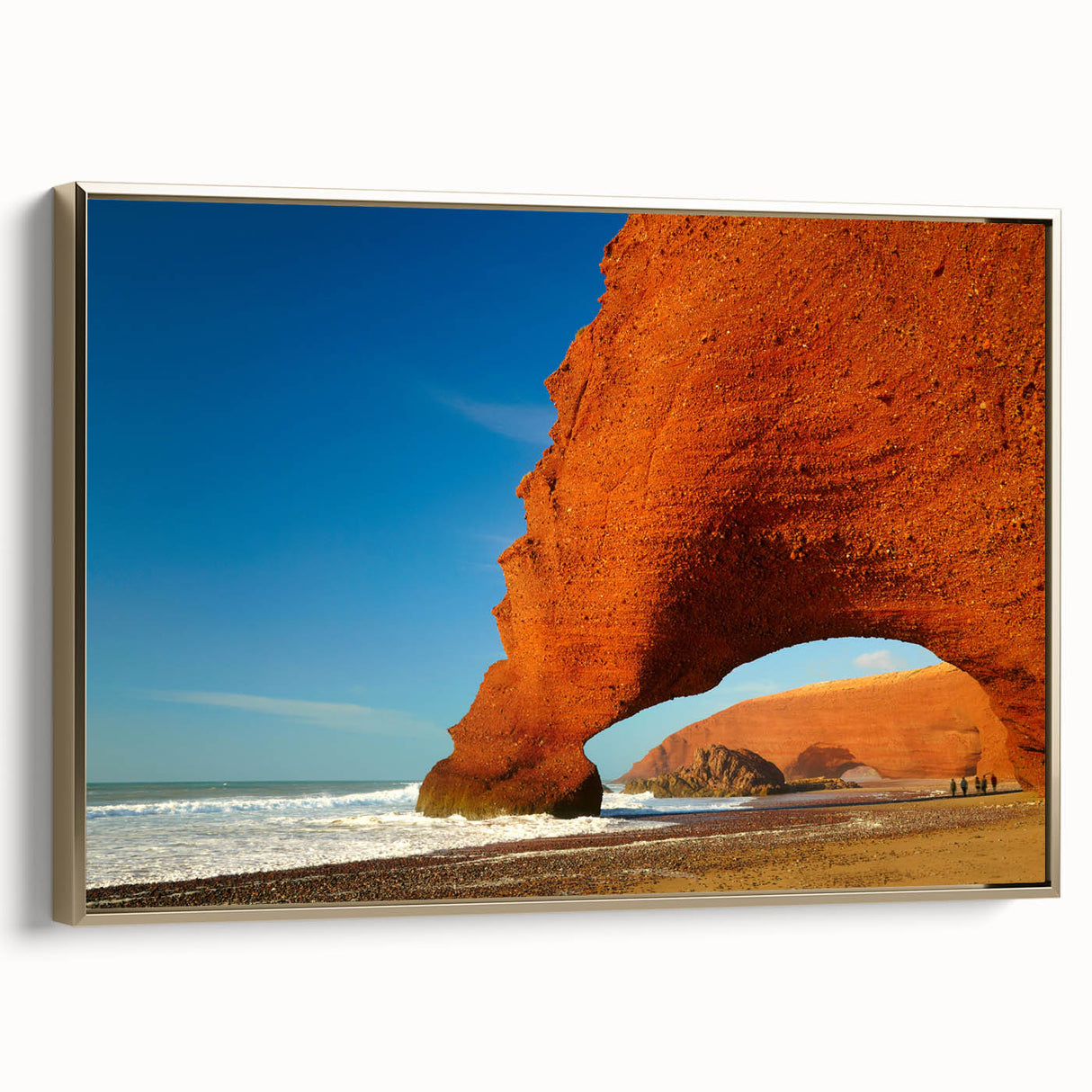 Framed canvas of a Moroccan landscape featuring a black silhouette of trees against a colorful sunset.