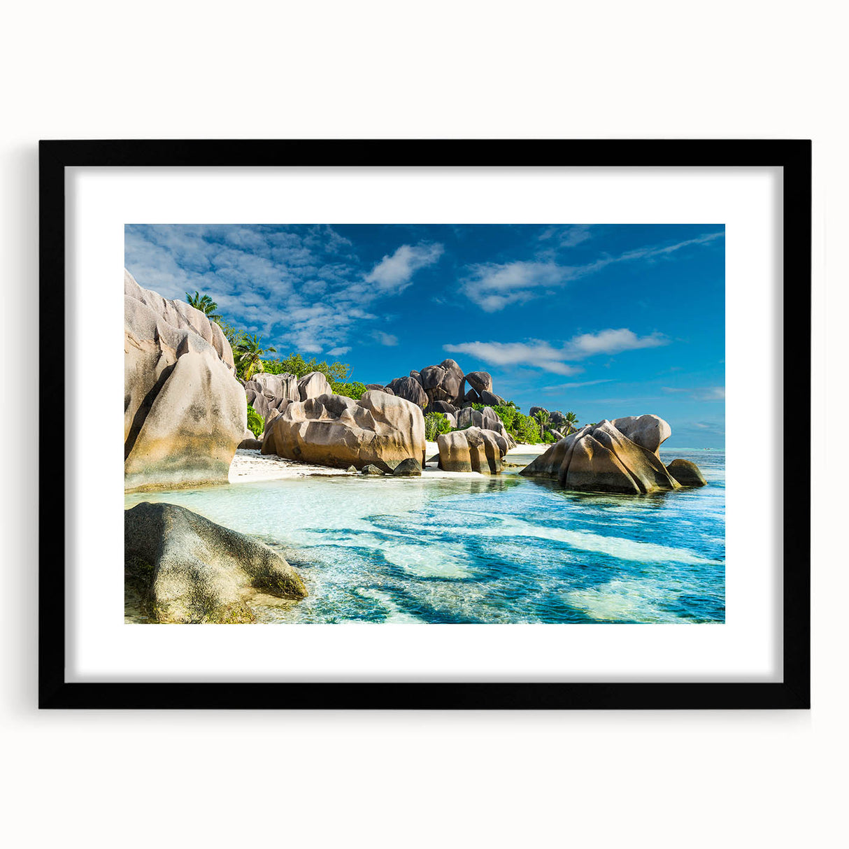 Extra large abstract art print depicting a colorful, textured scenery of Seychelles on a framed black mat.