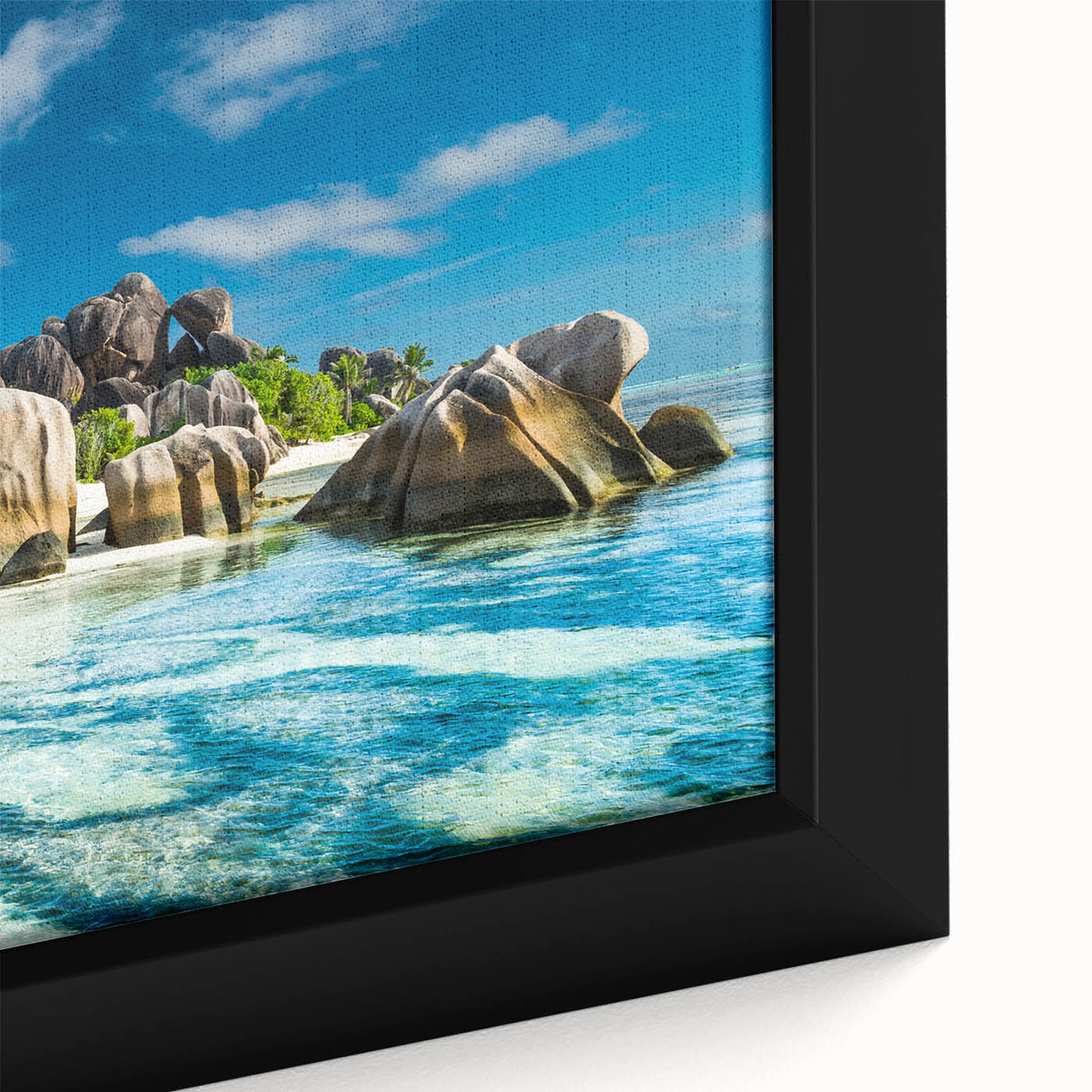 Close-up of extra large black wall art featuring a colorful, textured African scenery on a framed canvas.
