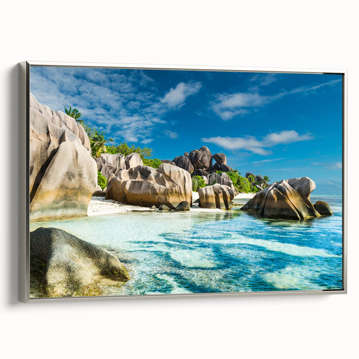 Framed canvas depicting a colorful Seychelles landscape, ideal for adding a vintage touch to a living room.