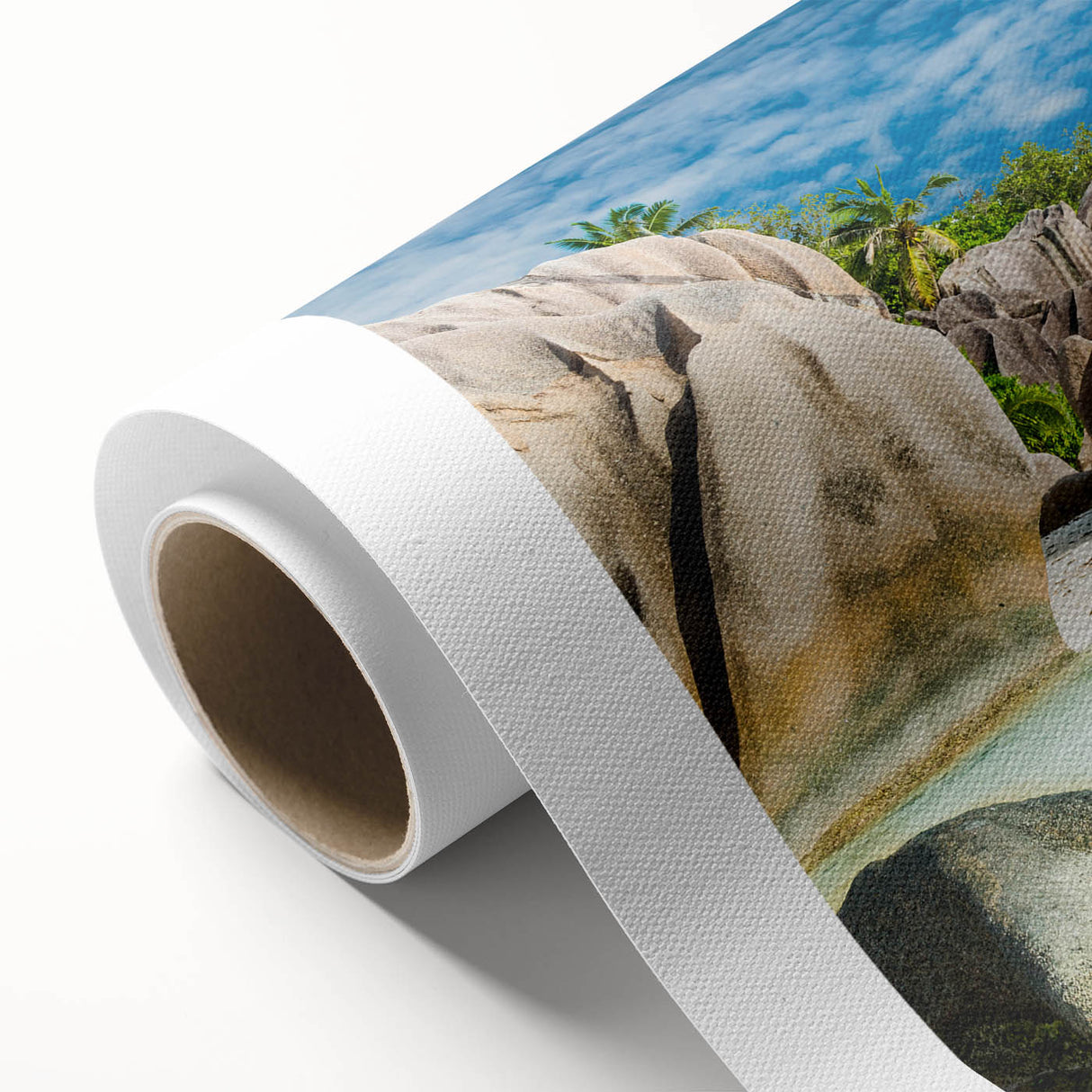 Art deco poster of Seychelles scenery on rolled canvas, featuring muted blue and green tones, ideal for nursery wall art.