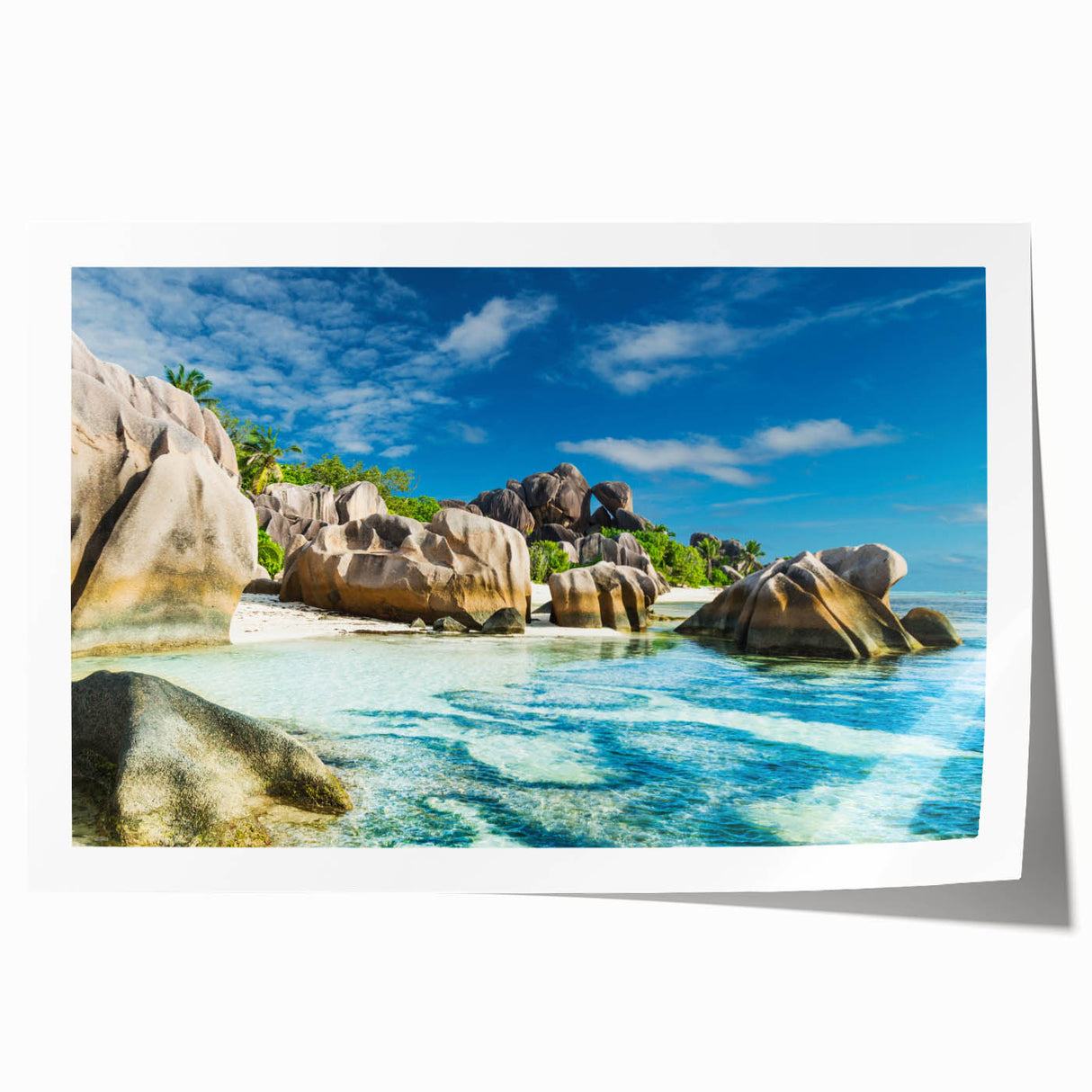 Extra large rolled print of Seychelles scenery with vibrant green and blue tones, ideal for dining room wall art.