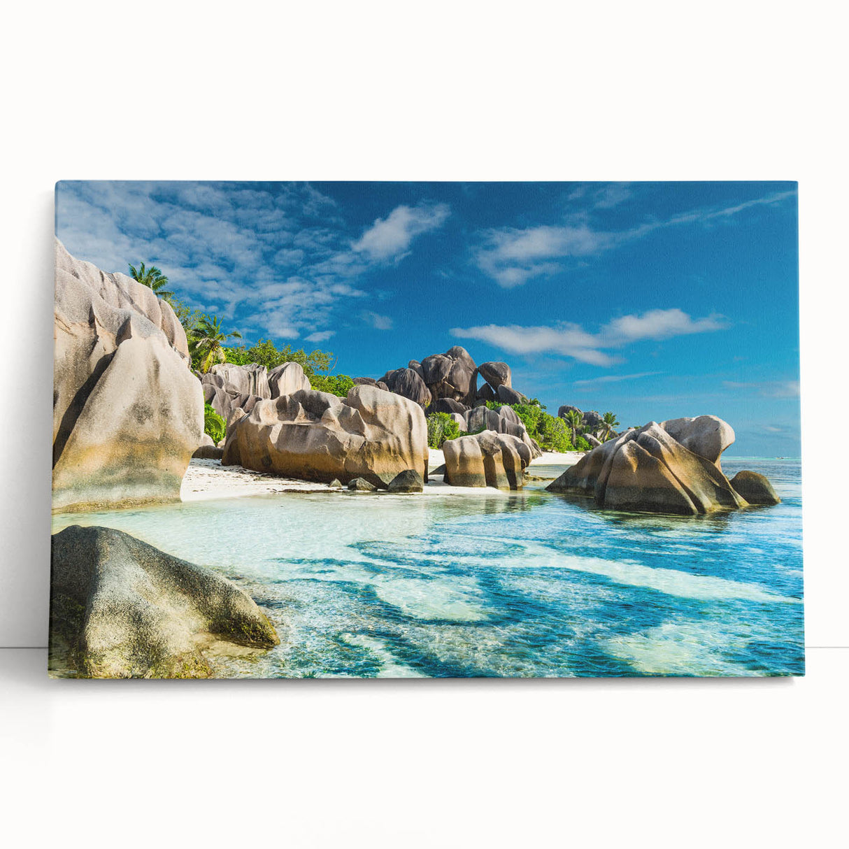 Black and white photograph of Seychelles scenery on large stretched canvas, suitable for kitchen wall art.