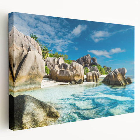 Large stretched canvas featuring a serene Seychelles landscape in soft blue and green tones, ideal for kitchen wall art.