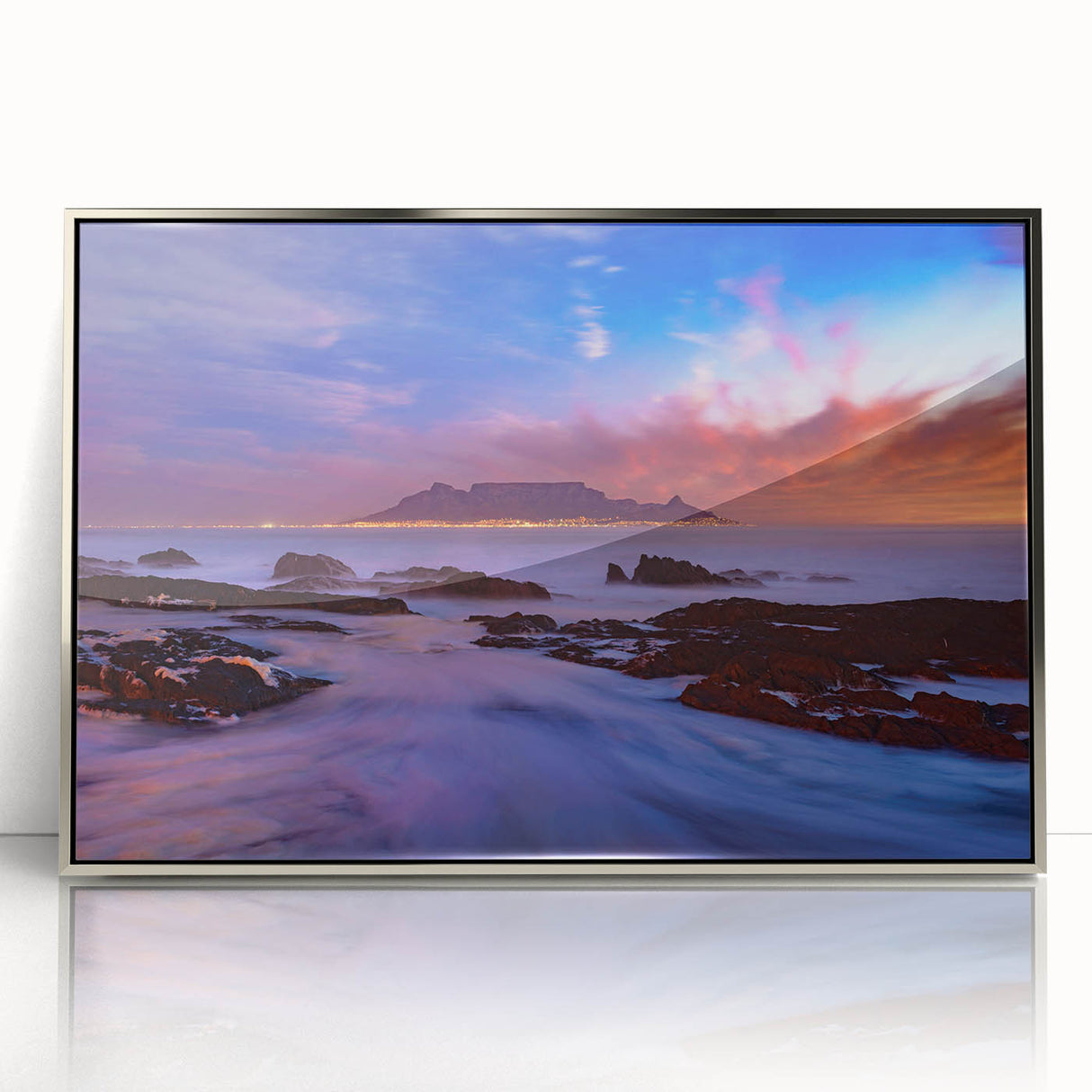 Mid-century modernist art depicting the South African landscape in muted earth tones, framed in silver acrylic.