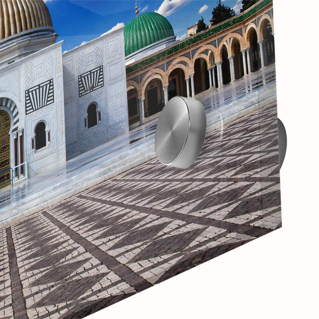 Large abstract wall art featuring a Tunisian landscape in muted earth tones on acrylic glass, ideal for dining room ambiance.