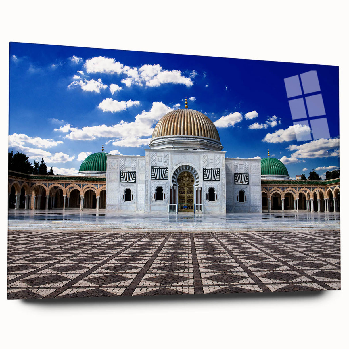 Large abstract wall art depicting a Tunisian landscape in muted earth tones on acrylic glass.