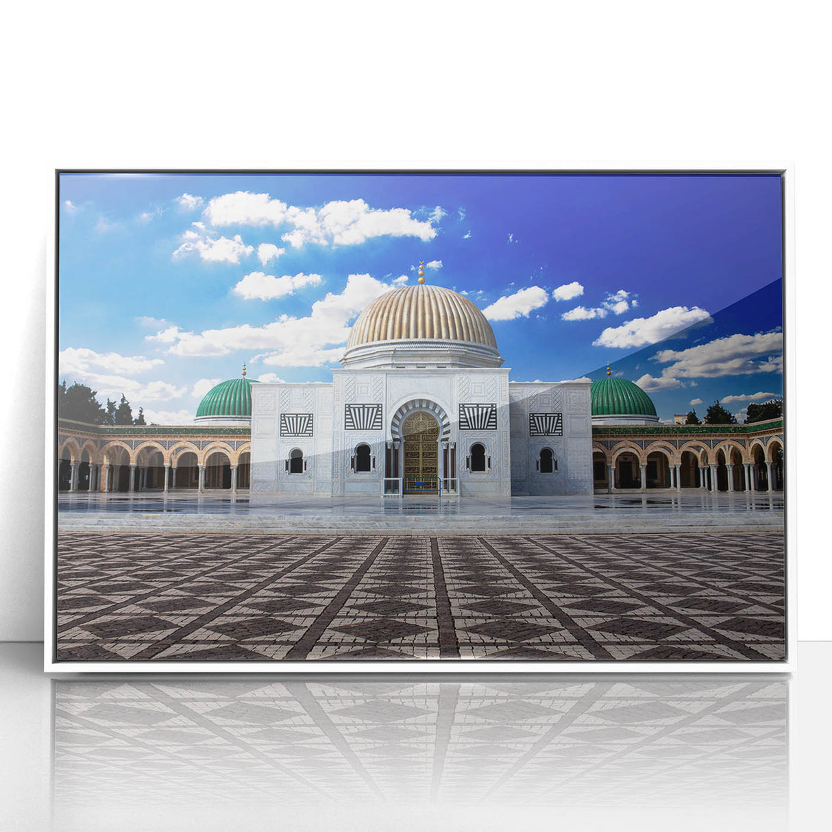 Art deco poster of a Tunisian landscape in muted earth tones on a framed acrylic, ideal for modern art wall decor.