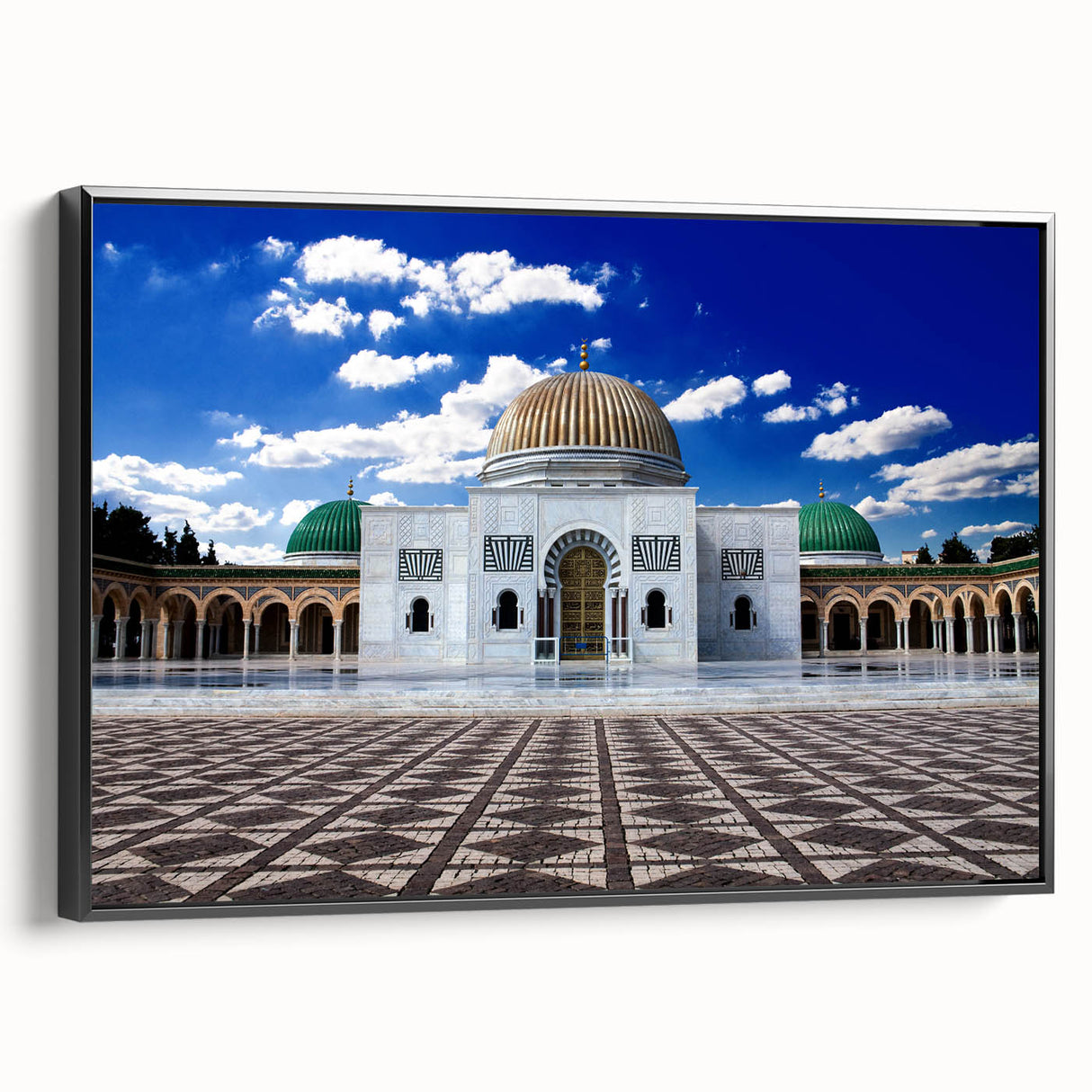Black and white landscape art painting of Tunisian scenery on a framed canvas, suitable for bedroom wall decor.