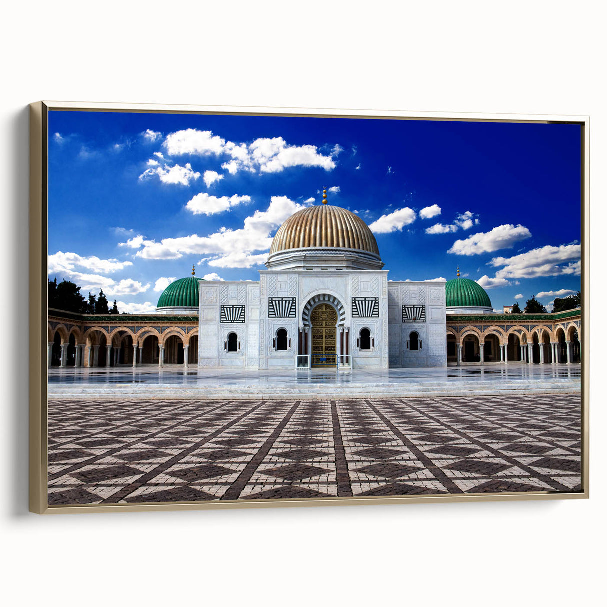 Framed canvas depicting a vintage-style Tunisian landscape in muted gold and black tones, ideal for bedroom wall art.