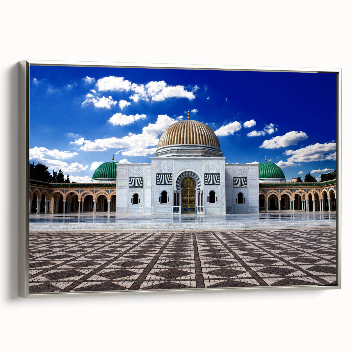 Framed canvas landscape art painting depicting a Tunisian scenery in colorful vintage poster style.