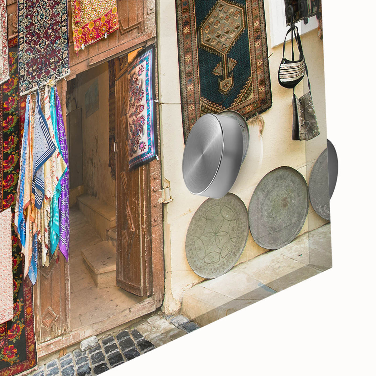 Large abstract wall art depicting an Asian scenery in muted earth tones on acrylic glass, suitable for dining room ambiance.