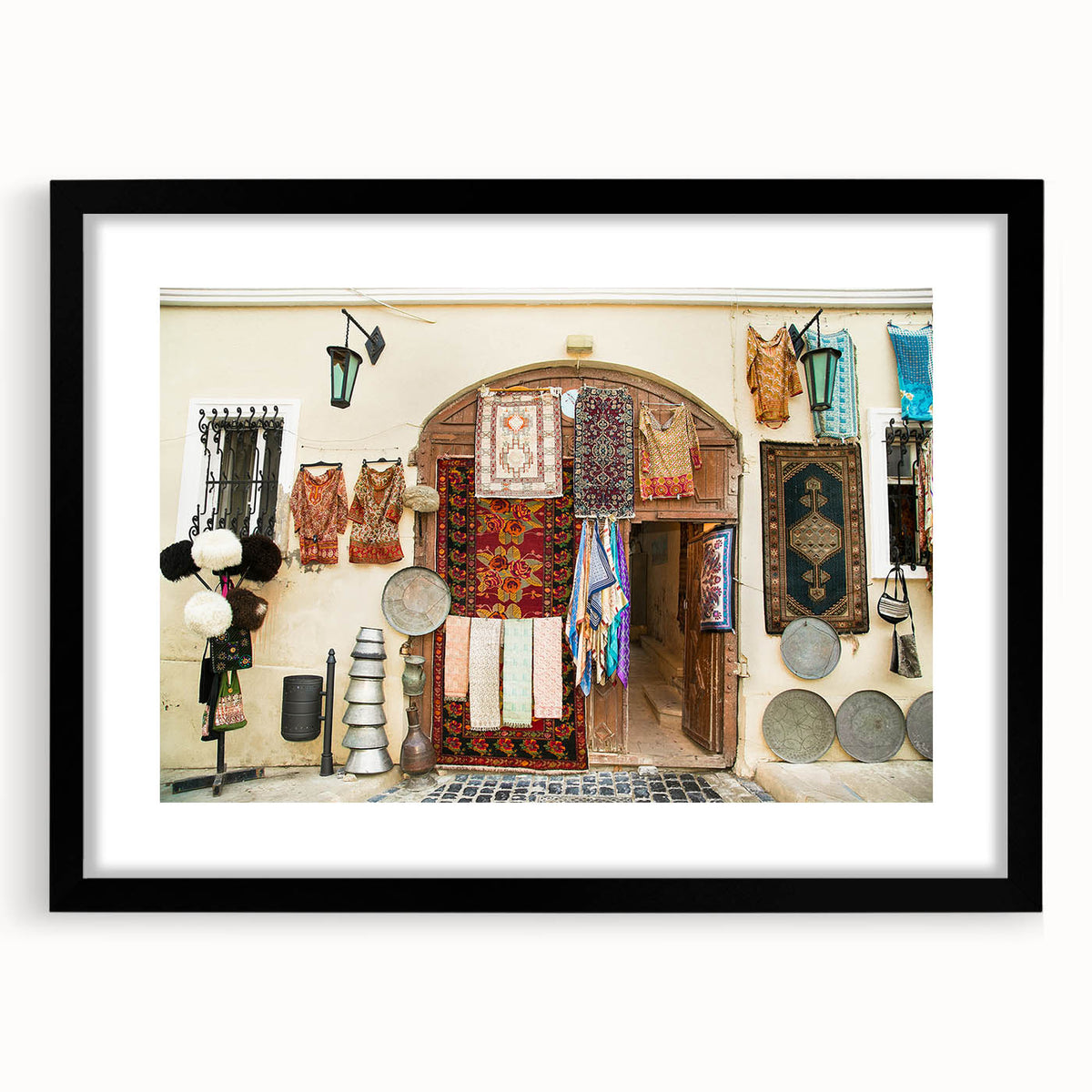 Extra large abstract art print featuring a colorful, textured depiction of an Asian scenery on a framed black mat.