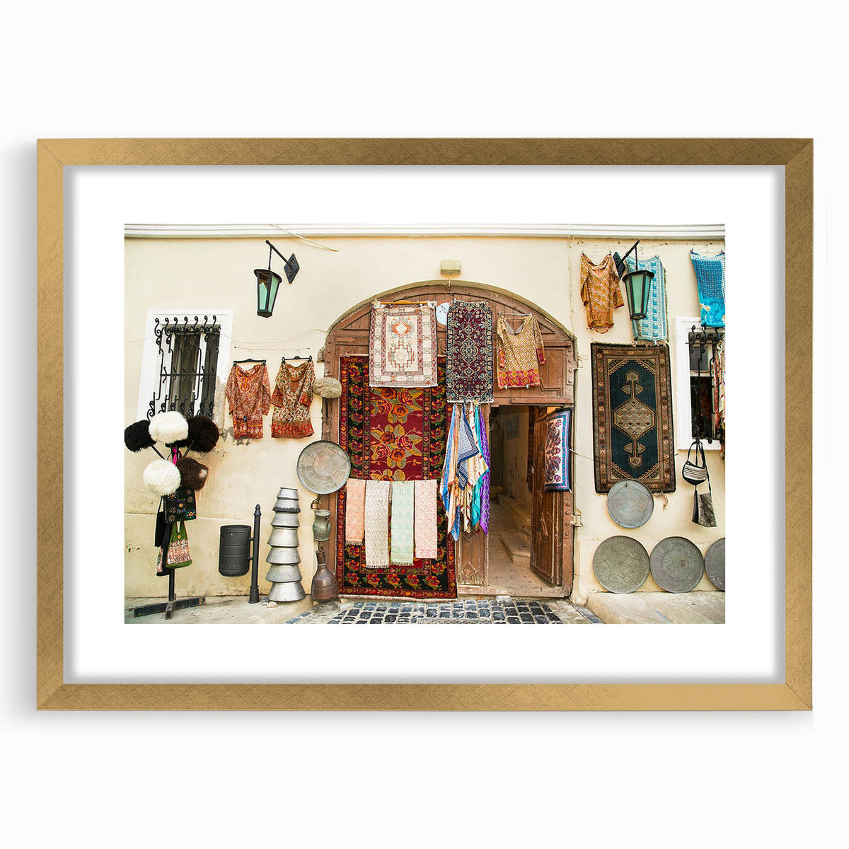 Extra large abstract art print featuring textured scenery of Azerbaijan in muted earth tones, set in a gold frame.