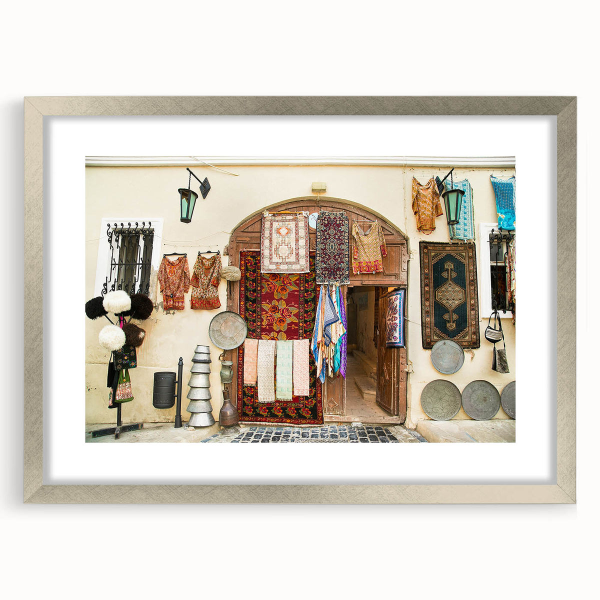 Textured abstract art print depicting a serene Azerbaijani landscape in soft, earthy tones on a framed canvas.
