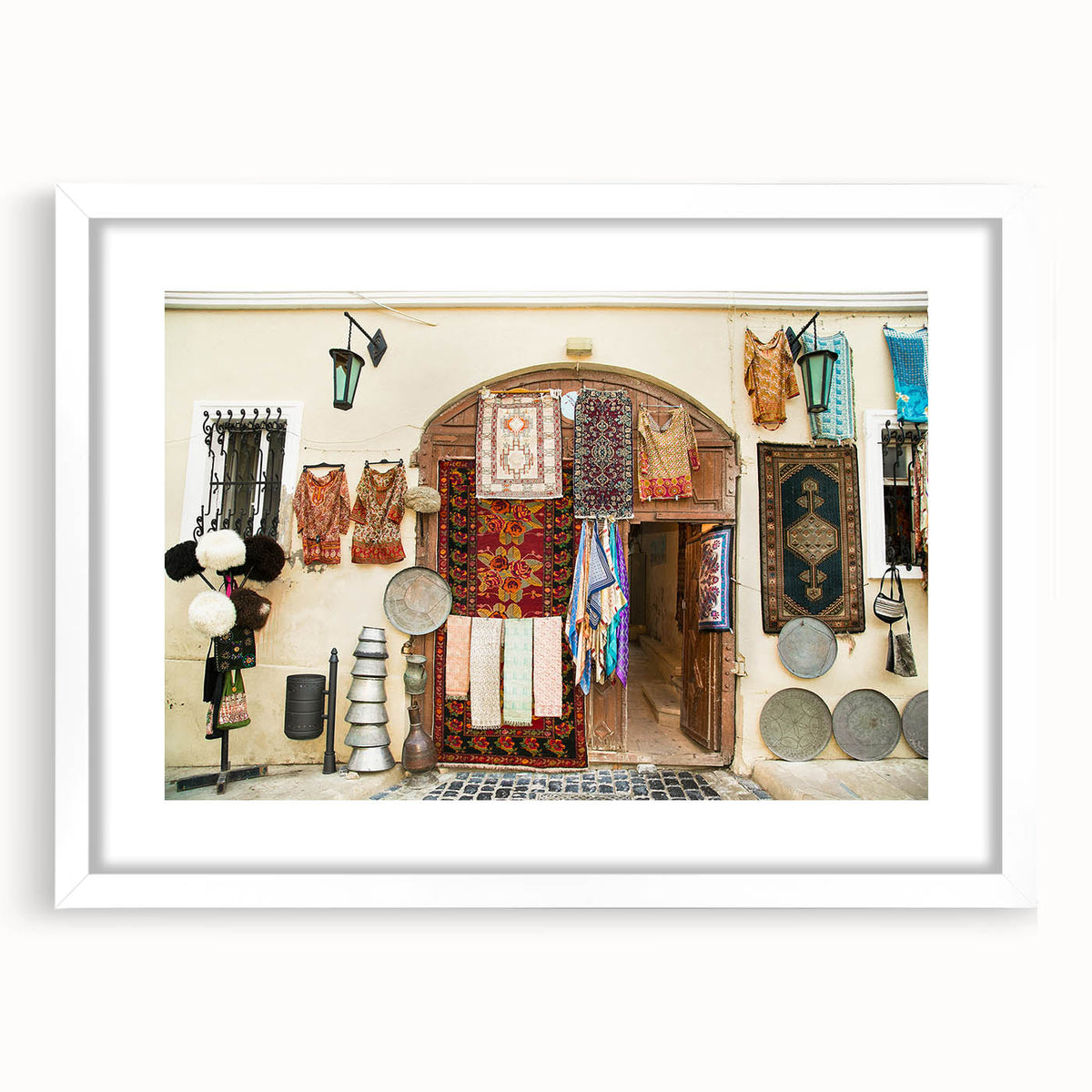 Abstract art print depicting a serene Azerbaijani landscape in muted earth tones, framed with a white mat.