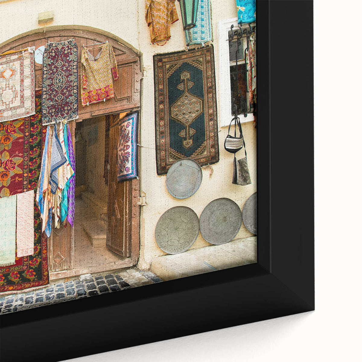 Extra large framed canvas featuring a textured depiction of an Asian scenery in black with colorful elements.