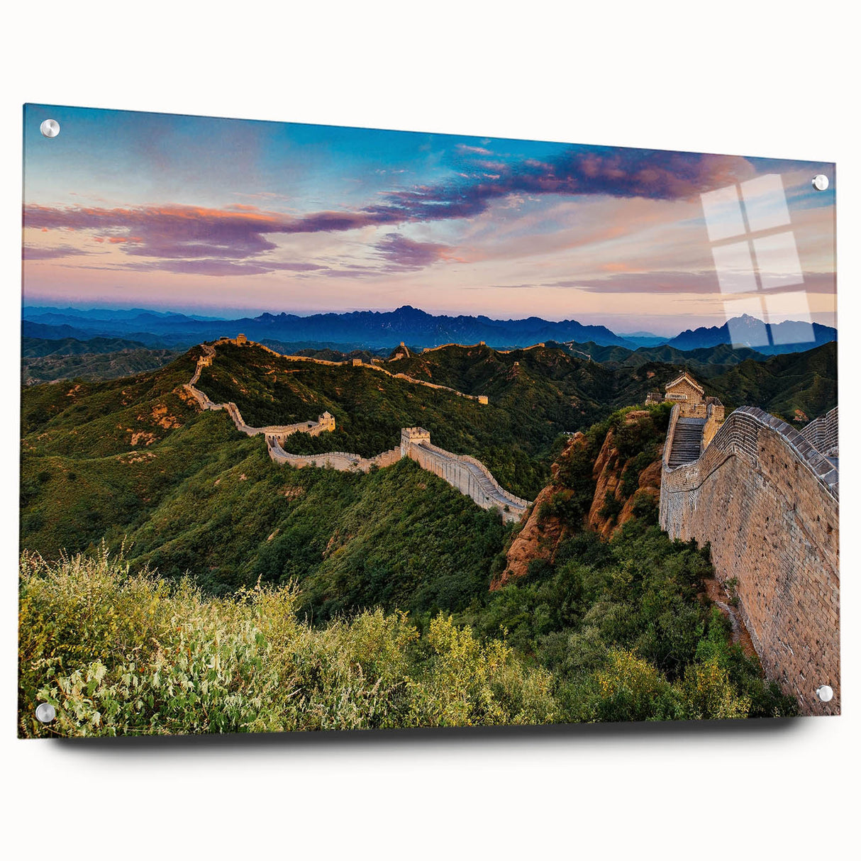 Acrylic print of the Great Wall of China in muted earth tones, ideal for dining room decor.