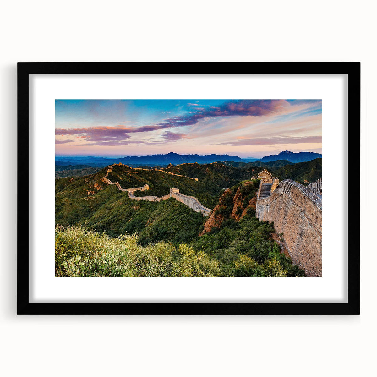 Extra large, textured abstract art print of the Great Wall of China in vibrant, colorful hues on a black framed canvas.