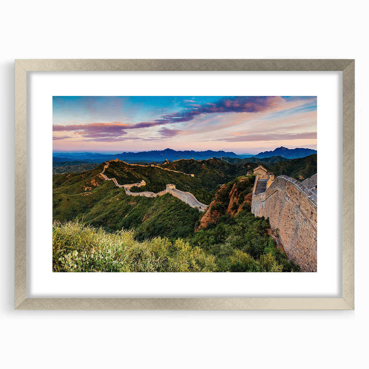 Textured art print of the Great Wall of China in muted earth tones on a framed canvas, suitable for bedroom decor.