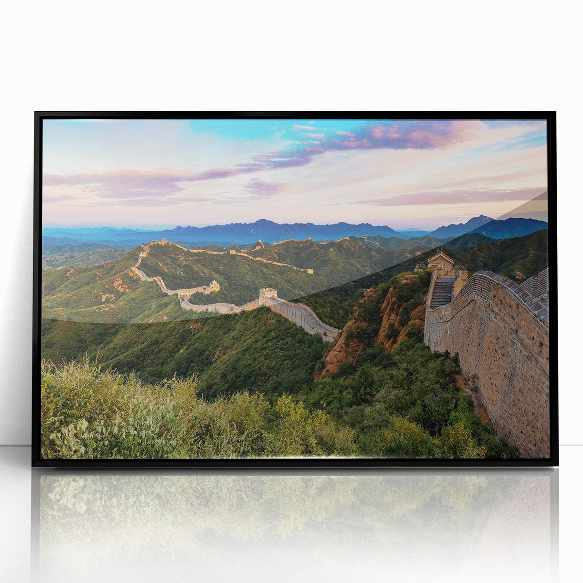 Large abstract wall art depicting the Great Wall of China in muted earth tones, framed in black acrylic.