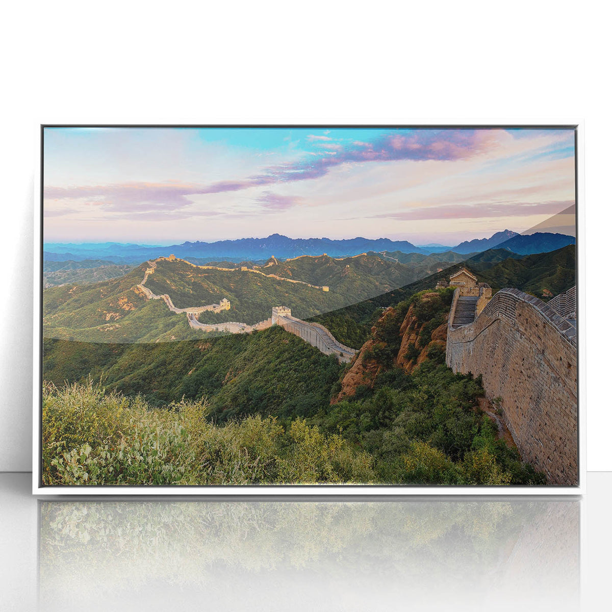 Art deco poster of the Great Wall of China in muted earth tones on framed acrylic, suitable for modern art wall decor.